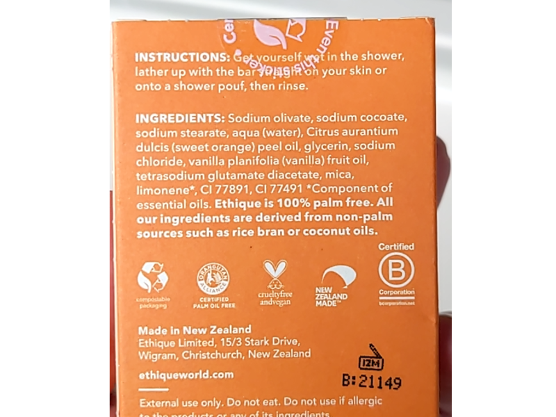 Ethique Solid Bodywash, Sweet Orange & Vanilla, 4.23 oz/120 g