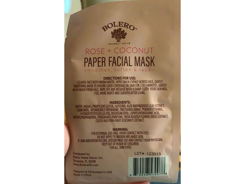 Bolero Beverly Hills Paper Facial Mask, Rose+Coconut, 0.37 fl oz/11 mL