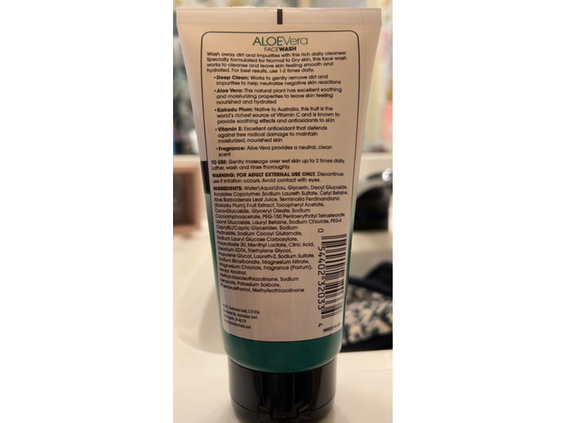 Australian Gold Aloe Vera Daily Moisturizing Face Wash, Kakadu Plum & VItamin E, 6 fl oz/177 mL