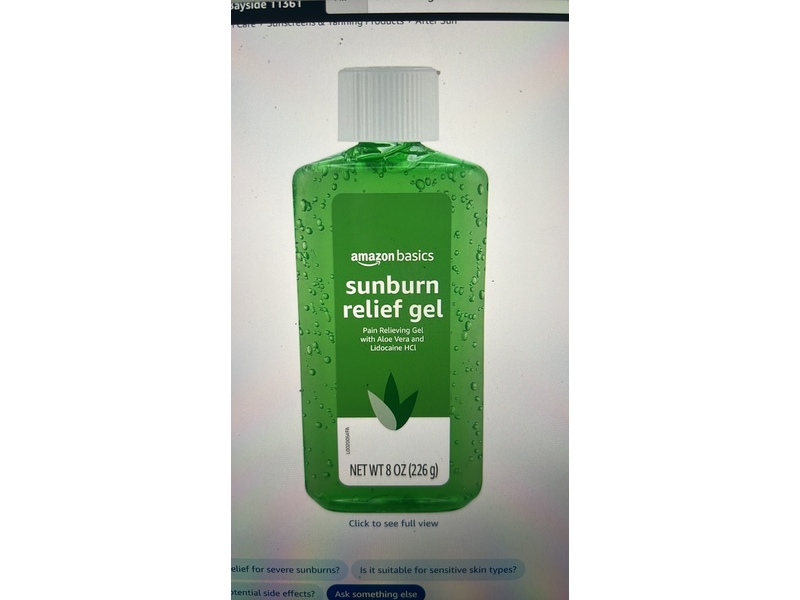 Amazon Basics Sunburn Relief Gel, Aloe Vera & Lidocaine, 8 oz/226 g