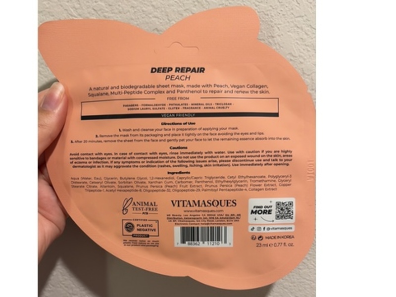 Vitamasques Deep Repair Sheet Mask, Peach, 0.77 fl oz/23 mL