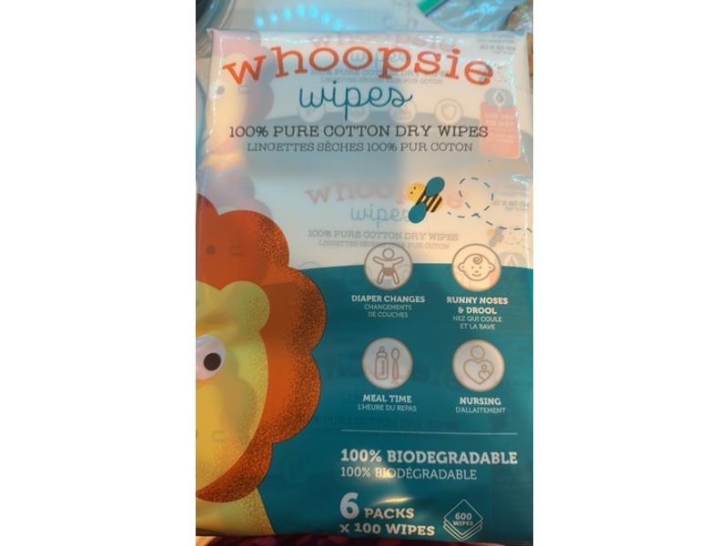Whoopsie Wipes 100% Pure Cotton Dry Baby Wipes, 600 Counts, Pack Of 6
