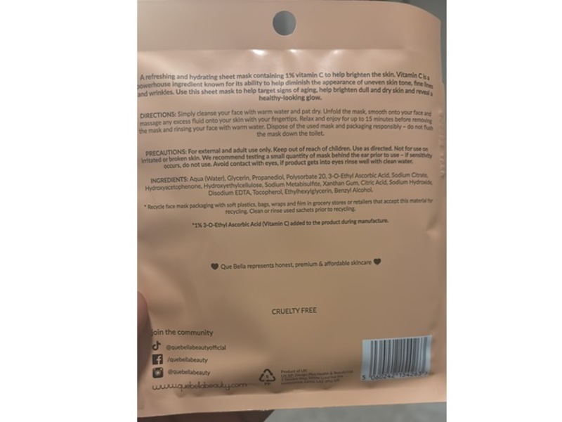 Que Bella 1% Vitamin C Sheet Mask, 0.63 oz/18 g