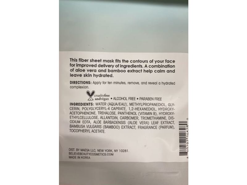 Believe Beauty Hydrating Sheet Mask, Aloe Vera + Bamboo, 1 Count