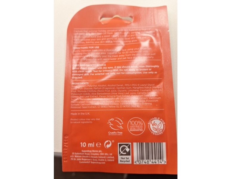 Superdrug Antioxidant Face Mask, Tropical Cocktail, Mango Fruit & Noni Fruit Juice, 10 mL