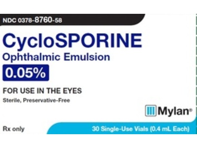 Cyclosporine Ophthalmic Emulsion 0.05%, 0.4 mL pack of 60, Mylan Pharmaceuticals (Rx)