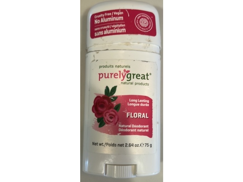 Purelygreat Natural Deodorant Stick, Floral Scent, 2.64 oz/75 g