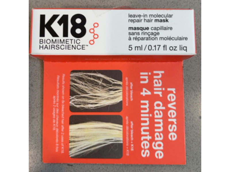 K18 Biomimetic Hairscience Leave-In Molecular Repair Hair Mask, 0.17 fl oz/5 mL