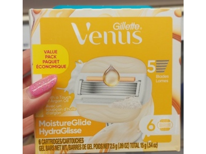 Gillette Venus MoistureGlide Razor Blades, Argan Oil & Vitamin E, 0.54 fl oz/15 g, 6 Count