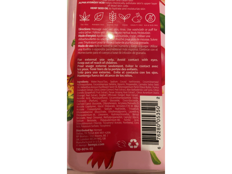 Hempz Body Wash, Pomegranate, 17 fl oz/500 mL