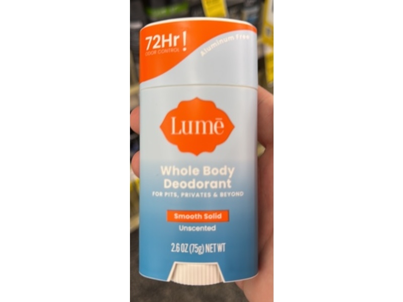 Lume Whole Body Deodorant, Smooth Solid, Unscented, 2.6 oz/75 g, Pack Of 2