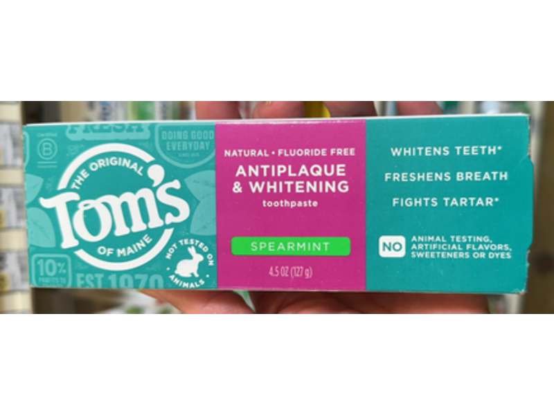 Tom's Of Maine Antiplaque & Whitening Toothpaste, Spearmint, 4.5 oz/127 g, Pack Of 3