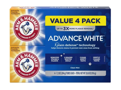 Arm & Hammer Advance white Anticavity Fluoride Toothpaste, Clean Mint, 7.2 oz/204 g, Pack Of 4