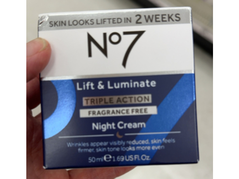 No7 Lift & Luminate Triple Action Night Cream, Fragrance Free, 1.69 fl oz/50 mL