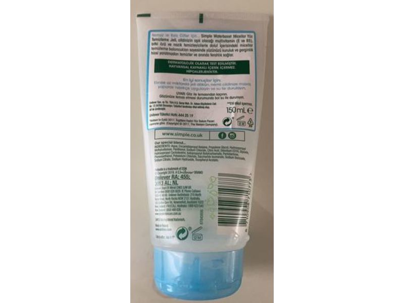 Simple Water Boost Micellar Facial Gel Wash, 150 mL