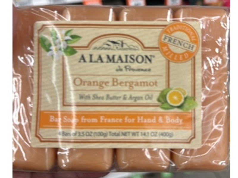 A La Maison Bar Soap, Orange Bergamot, 3.5 fl oz/100 g, Pack Of 4