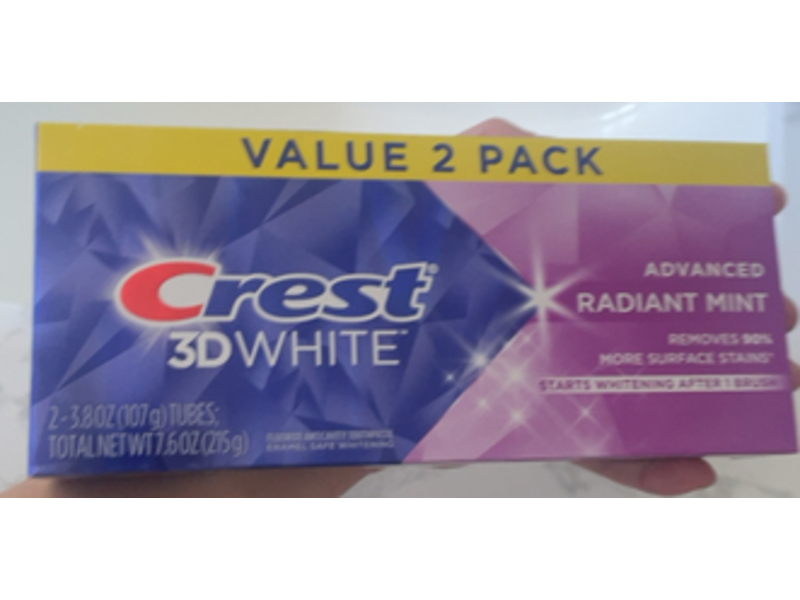 Crest 3D White Teeth Whitening Toothpaste, Radiant Mint, 3.8 oz/107 g, Pack Of 2