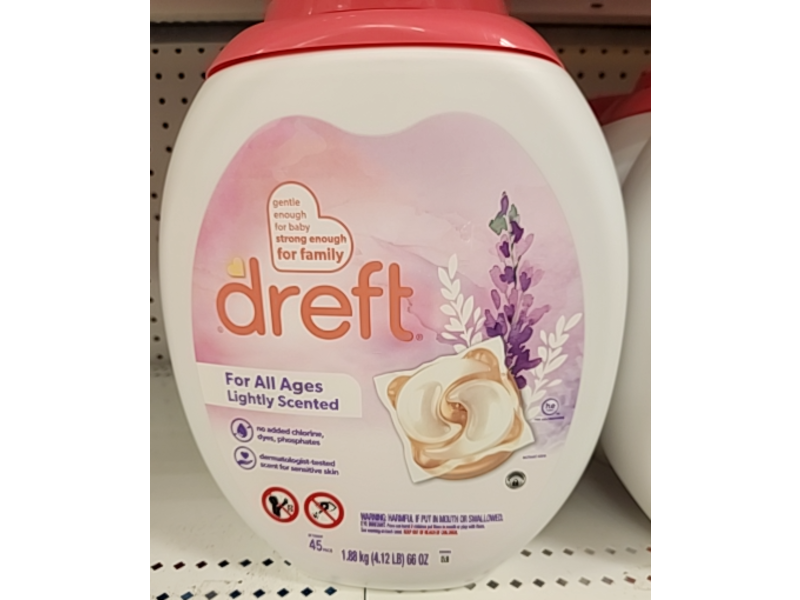 Dreft Detergent Pacs, Lightly Scented Lavender, 66 oz/1.88 Kg, 45 Count