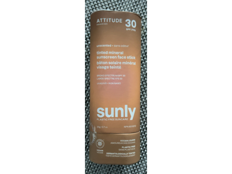 Attitude Tinted Mineral Sunscreen Face Stick, SPF 30, Sunly, 0.7 oz/20 g