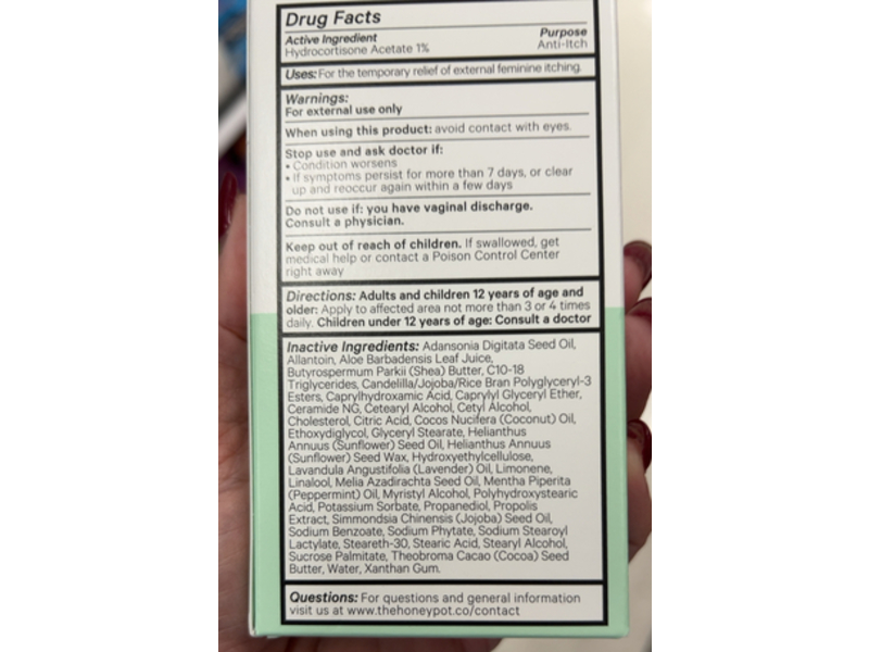 The Honey Pot Company Anti - Itch Vulva Cream, 1% Hydrocortisone Acetate, 1.01 fl oz/30 mL