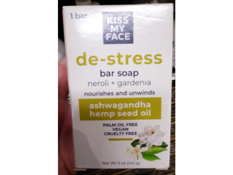 Kiss My Face De-Stress Neroli + Gardenia Bar Soap, Ashwagandha Hemp Seed Oil, 5 oz/142 g