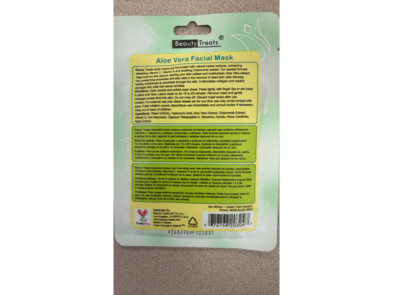Beauty Treats Aloe Vera Facial Mask, 0.85 fl oz/25 mL, 1 Count