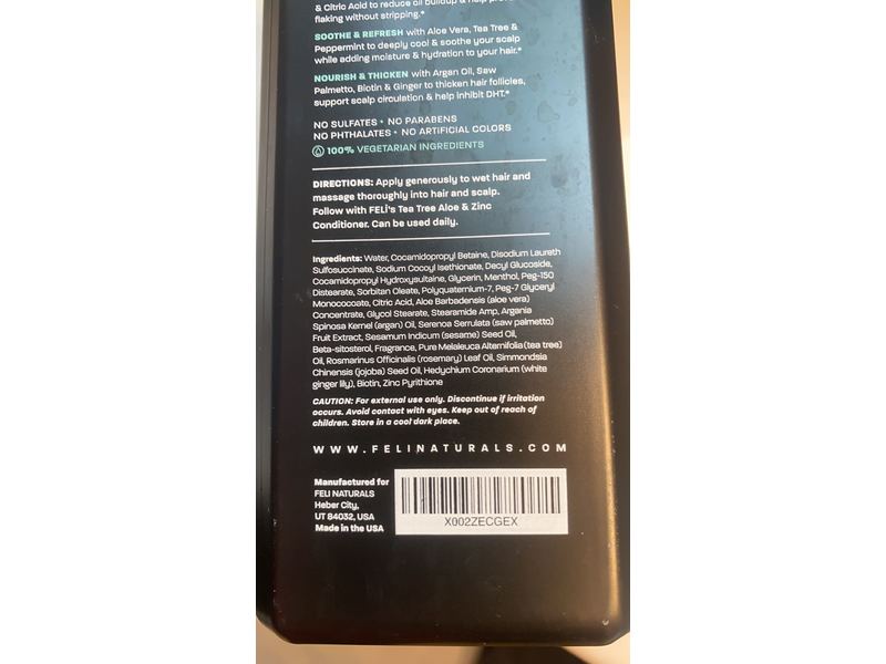 Feli Naturals Shampoo, Tea Tree + Extreme Mint, Sulfate & Paraben Free, 20 fl oz/600 mL