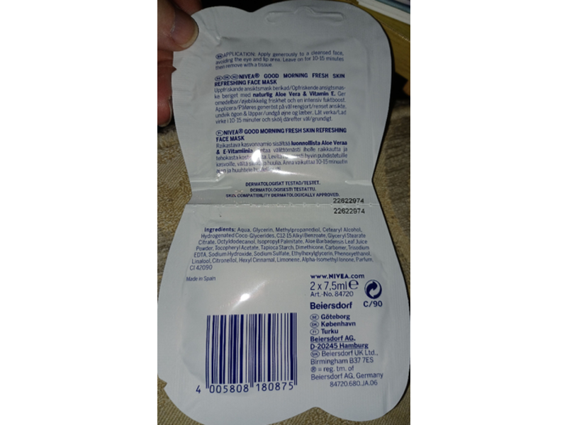 Nivea Good Morning Fresh Skin Refreshing Face Mask, Aloe Vera & Vitamin E, 15 mL, 2 Count