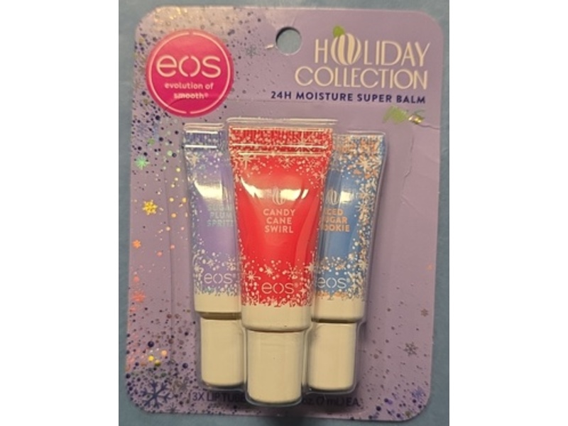 eos Holiday 24h Moisture Mini Super Lip Balm Set, Sugar Plum Spritz, Candy Cane Swirl, Iced Sugar Cookie, 0.24 fl oz/7 mL, Pack Of 3