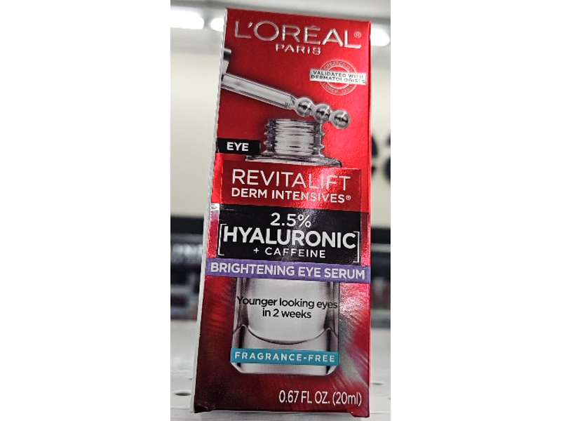 L'Oreal Paris Revitalift Derm Intensives Brightening Eye Serum, Hyaluronic+Caffeine, 0.67 fl oz/20 mL