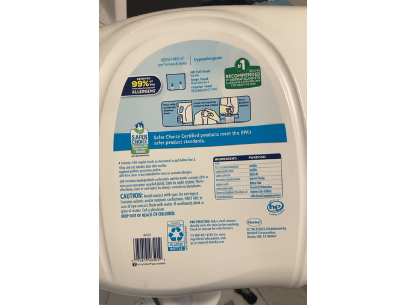 All Stainlifters Laundry Detergent, Free & Clear, 166 Loads, 250 fl oz/7.39 L