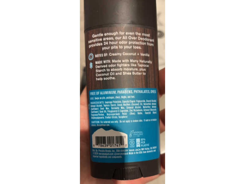 Every Man Jack All Over Deodorant, Coconut + Vanilla, 2.6 oz/73 g