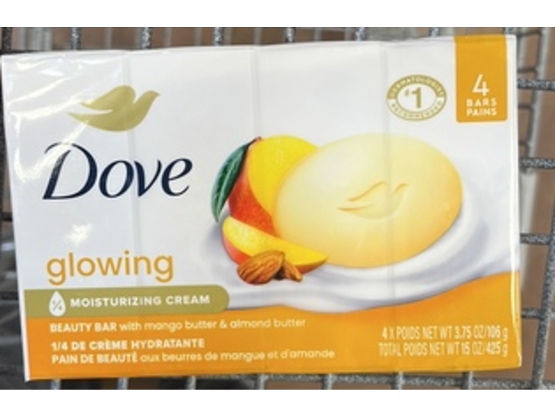 Dove Glowing Moisturizing Cream Beauty Bar, Mango Butter & Almond Butter, 3.75 oz/106 g, Pack Of 4