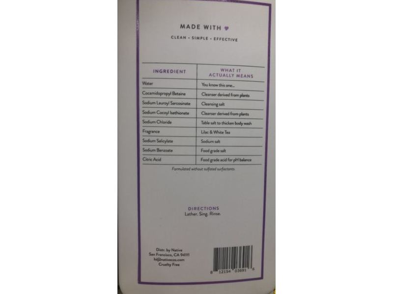 Native Body Wash, Lilac & White Tea, 36 fl oz/1064 mL