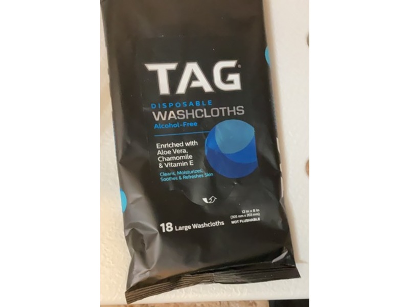 Tag Disposable Washcloths, Aloe Vera, Chamomile & Vitamin E, 18 Count, Pack Of 2