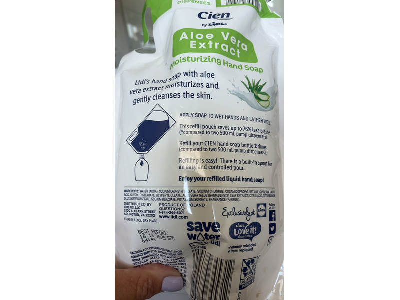 Cien Refill Moisturizing Hand Soap, Aloe Vera Extract, 33.8 fl oz/1 L