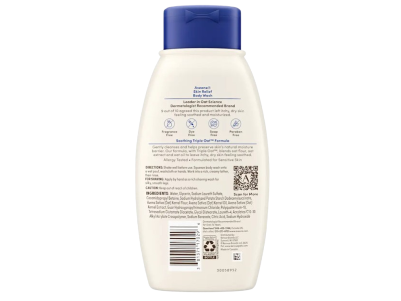 Aveeno Skin Relief Apaisant Body Wash, Fragrance Free, 18 fl oz/532 mL