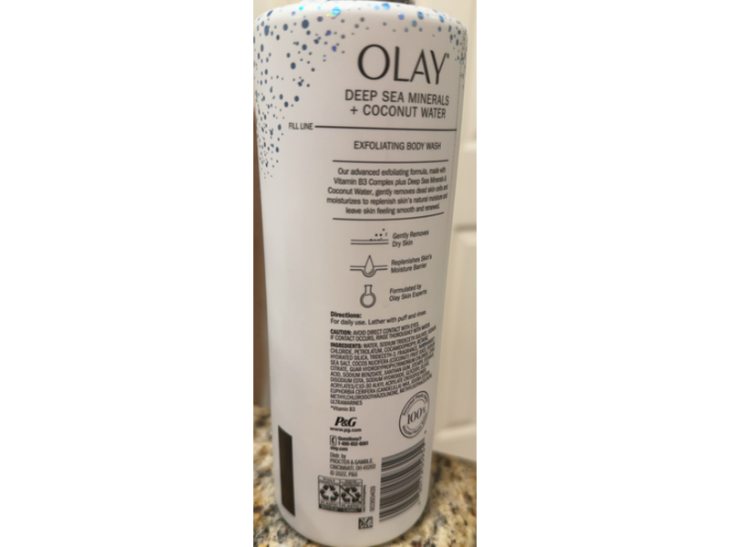 Olay Exfoliating Body Wash, Deep Sea Minerals + Coconut Water, Vitamin B3, 20 fl oz/591 mL, Pack Of 4