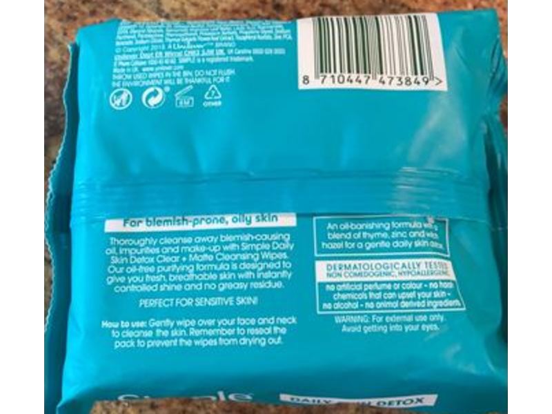 Simple Clear + Matte Cleansing Wipes, Daily Skin Detox, 25 Count