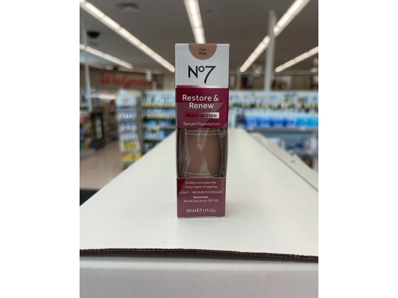 No7 Restore & Renew Serum Foundation, Cool Beige, SPF 30, 1 fl oz/30 mL