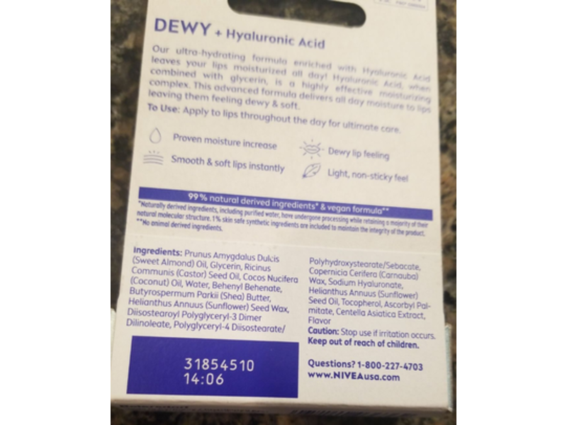 Nivea Lip Care, Dewy + Hyaluronic Acid, 0.18 oz Pack Of 4