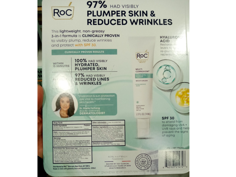 RoC Hydrate + Plump Multi - Correxion Sunscreen Moisturizer, + Hyaluronic Acid, SPF 30, 2.5 fl oz/74 mL, Pack Of 2