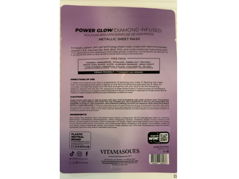 Vitamasques Power Glow Diamond Infused Metallic Sheet, 0.74 fl oz/21 mL