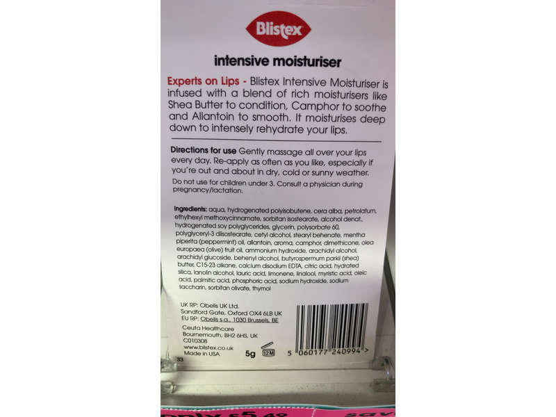 Blistex Intensive Moisturiser Hydrating Lip Cream, SPF 10, 5 g