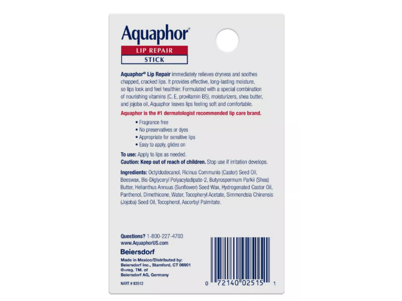 Aquaphor Lip Repair Stick, Vitamins & Shea Butter, 0.17 oz/4.8 g, Pack Of 4