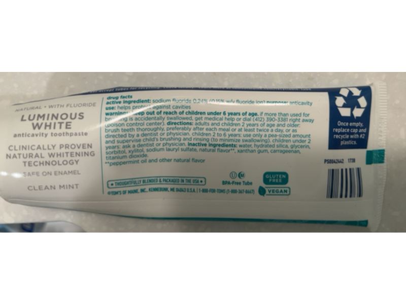 Tom's Luminous White Toothpaste, Clean Mint, 4 oz/113 g, Pack Of 3