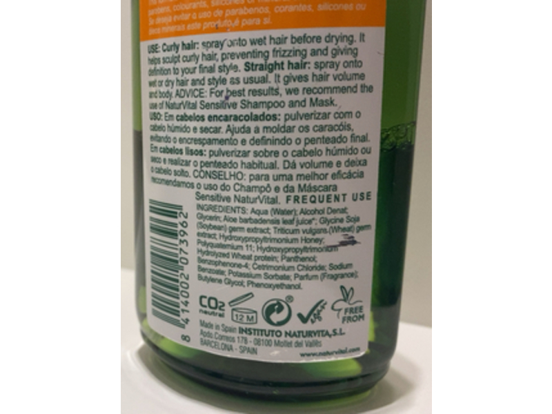 Natur Vital Hair Control Anti Frizz & Volume Spray, Aloe Vera, Sensitive, 6.7 fl oz/200 mL