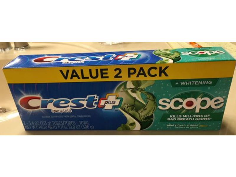 Crest Plus Scope Complete Whitening Toothpaste, Minty Fresh Striped, 5.4 oz/153 g, Pack Of 2