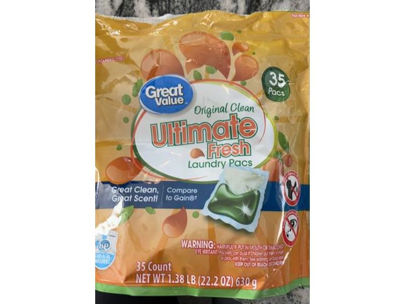 Great Value Original Clean Ultimate Fresh Laundry Pacs, 22.2 oz/630 g, 35 Pacs