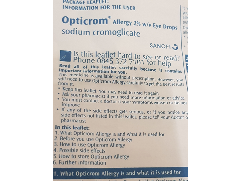 Sanofi Opticrom Allergy Eye Drops, Sodium Cromoglicate 2.0% W/v, 10 ml